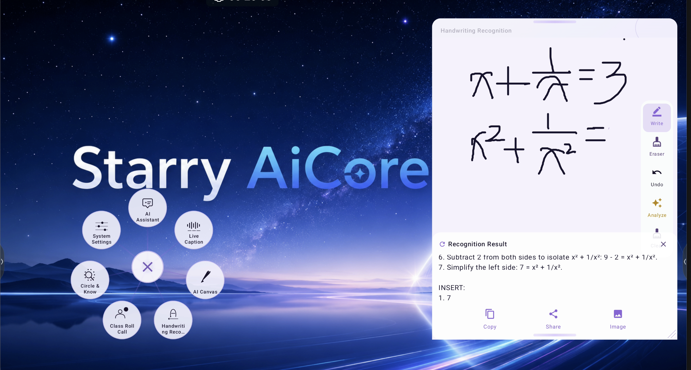 Mathematical handwriting is recognized, analyzed, and returned as actionable output