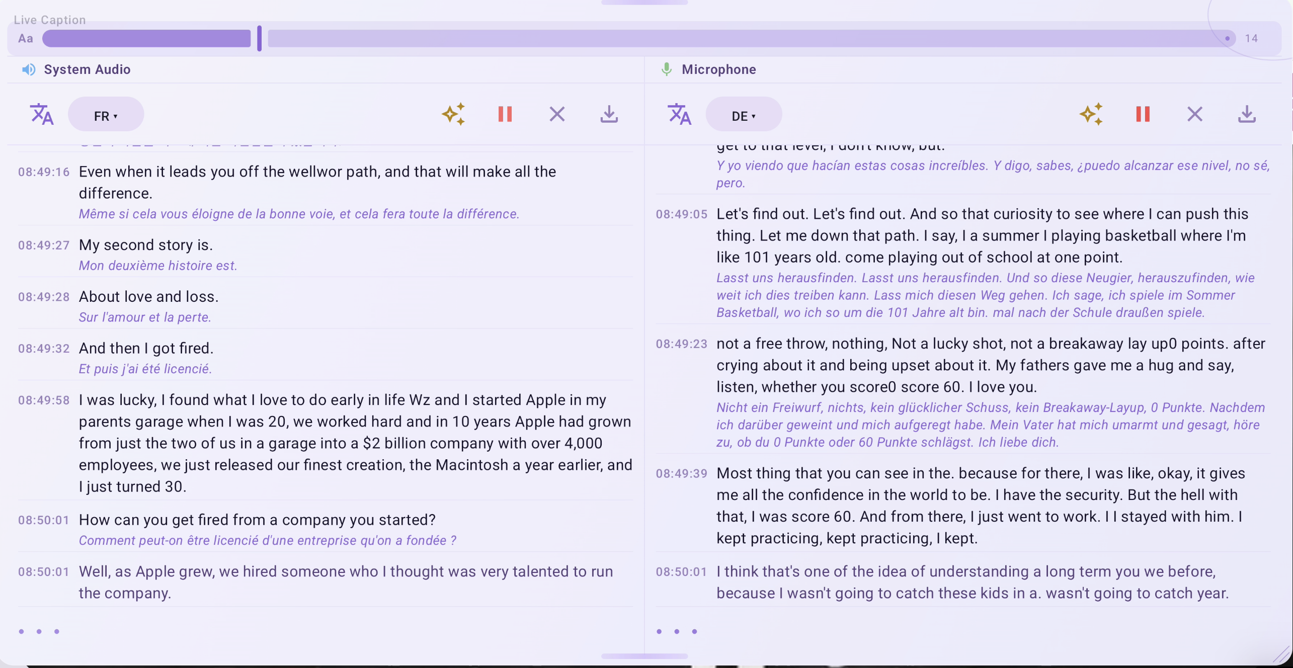 Dual-channel live transcription with independent translation views